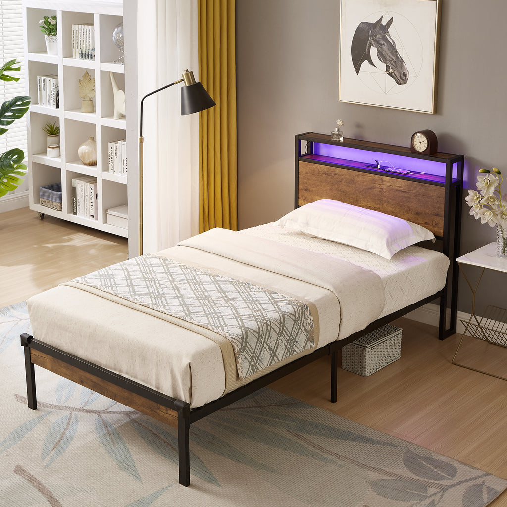 Leoglint Twin Size Metal Platform Bed Frame with Wooden Headboard and Footboard with USB LINER, LED Lights ,No Box Spring Needed, Large Under Bed Storage, Easy Assemble