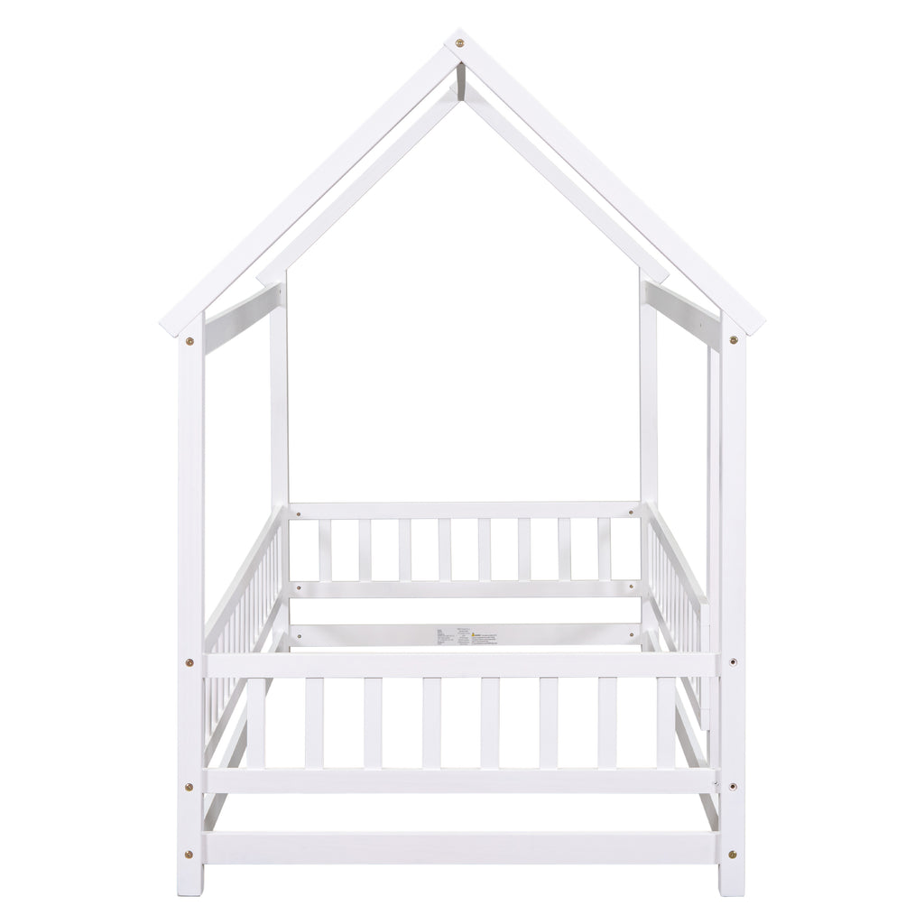 Leoglint Twin Size Floor Wooden Bed Frame with House Roof Frame, Fence Guardrails,White(Old SKU:W1791106615)