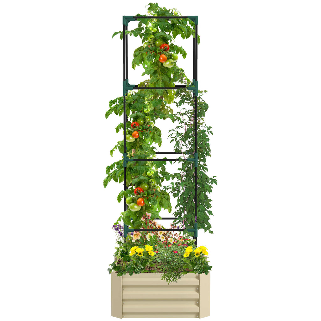 Leoglint Garden Trellis Galvanized Raised Garden Bed, 24" x 24" x 11.75" Outdoor Planter Box with Trellis Tomato Cage and Open Bottom for Climbing Vines, Vegetables, Flowers in Backyard, Garden, Patio, Cream