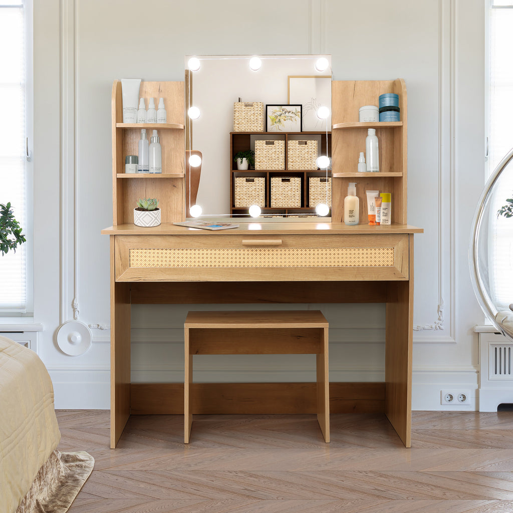 Leoglint Drawer Chest Vanity Desk Set Stool & Dressing Table with LED Lighting Mirror Drawer and Compartments Modern Wood Cosmetic Table Chest of Drawers Nature Color