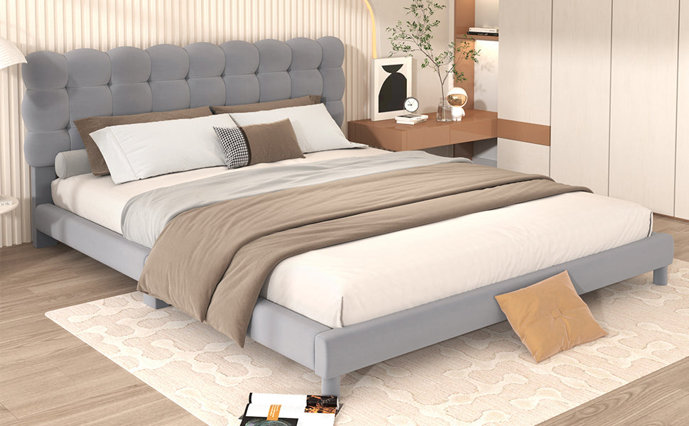 Queen Size Upholstered Platform Bed Frame with Soft Headboard,Gray