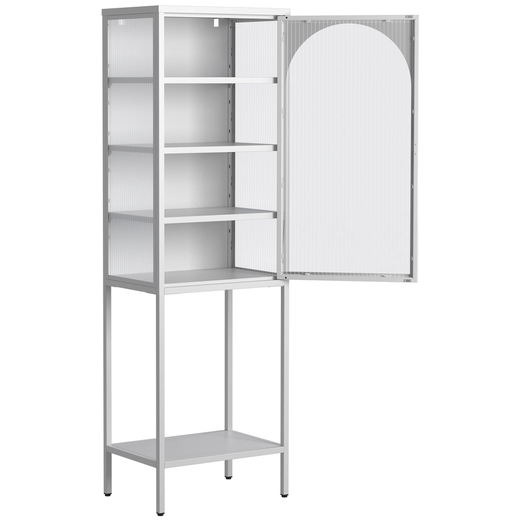 Leoglint Metal Glass Door Display Storage Cabinet - 5-Tier Cube Bookshelf Storage Cabinet with 3 Adjustable Shelves For kitchen, dining room, living room, bathroom, home office,White