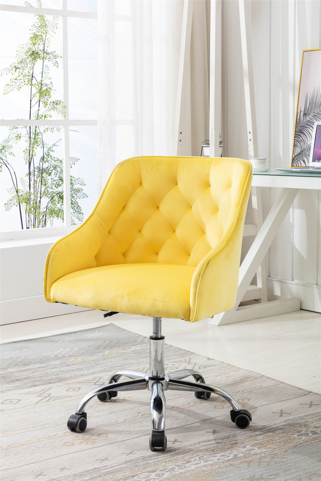 Leoglint COOLMORE Velvet Home Office Chair, Modern Cute Computer Chair, Wheels Swivel Height Adjustable Swivel Task Chair for Home Office (Yellow Velvet)