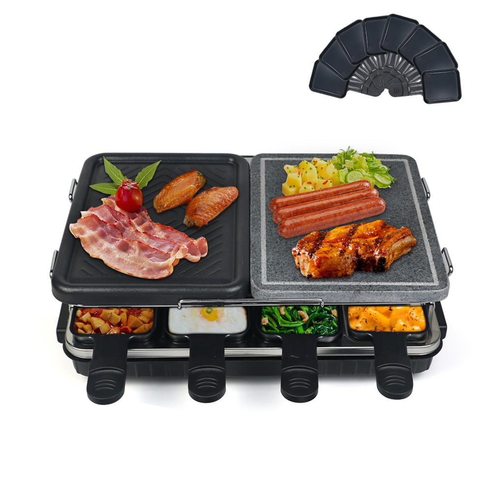 Leoglint Dual Raclette Table Grill w Non-Stick Grilling Plate & Cooking Stone- 8 Person Electric Tabletop Cooker for Korean BBQ- Melt Cheese, Cook Meat & Veggies at Once