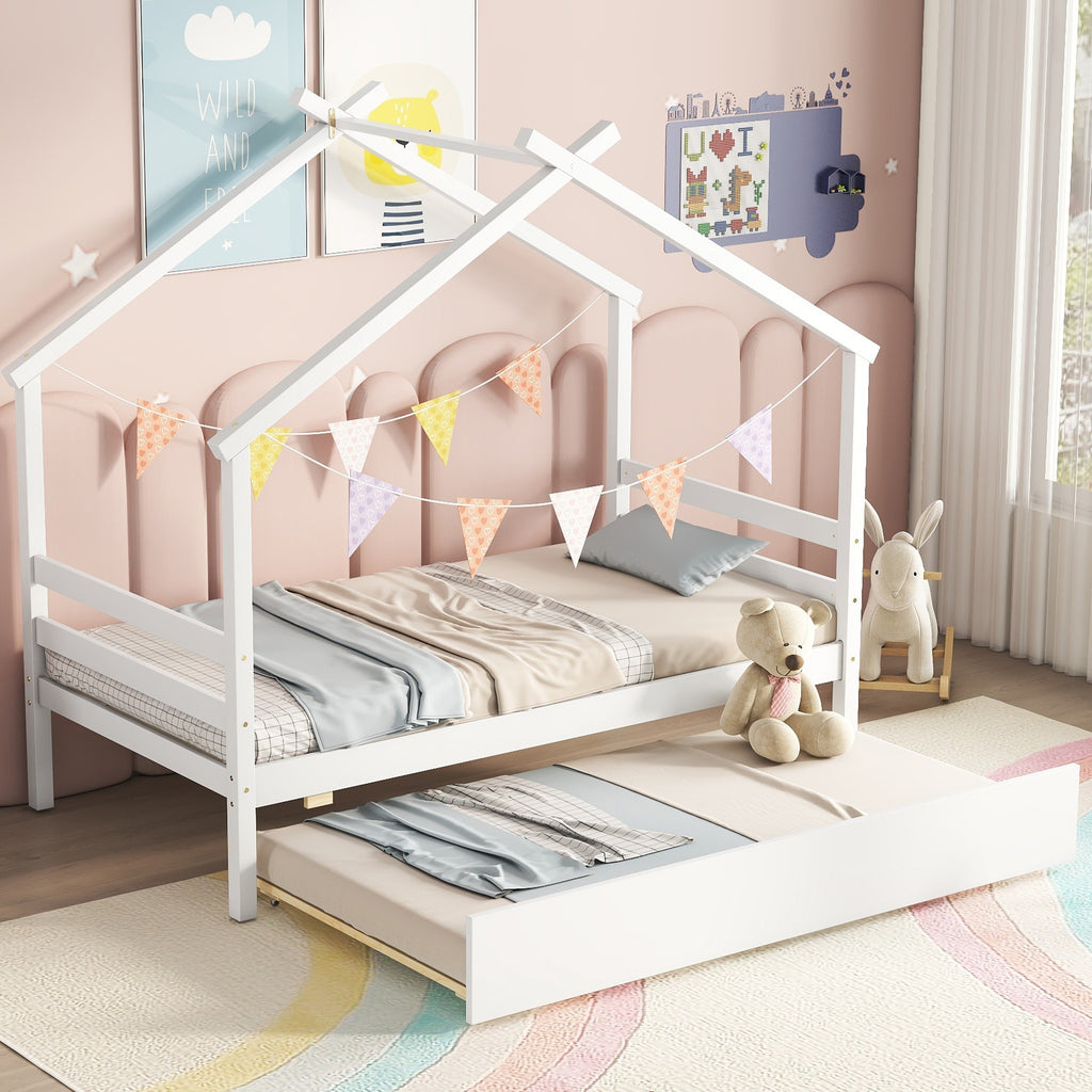 Leoglint Twin Size  House-shaped Bed Frame with Trundle,White