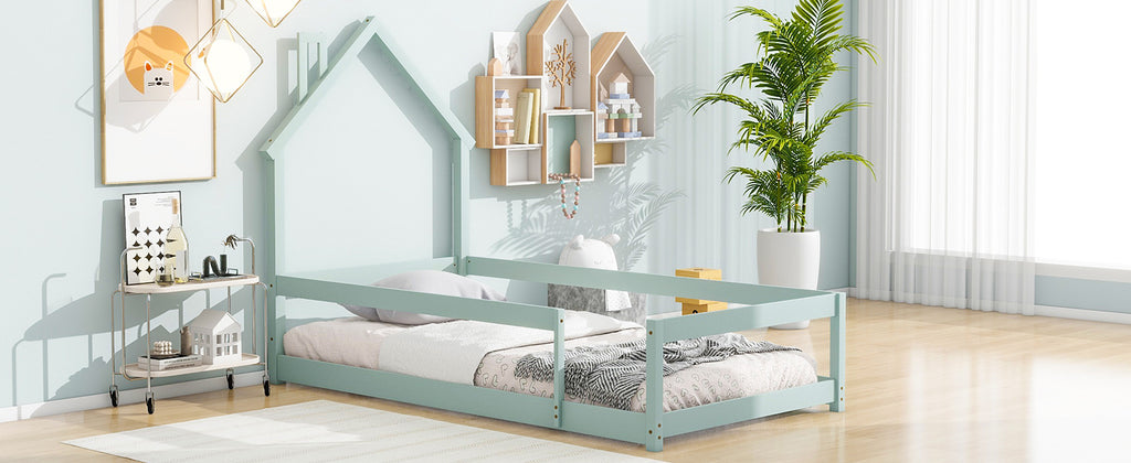 Leoglint Twin Size Wood bed frame with House-shaped Headboard Floor bed with Fences,Light Green