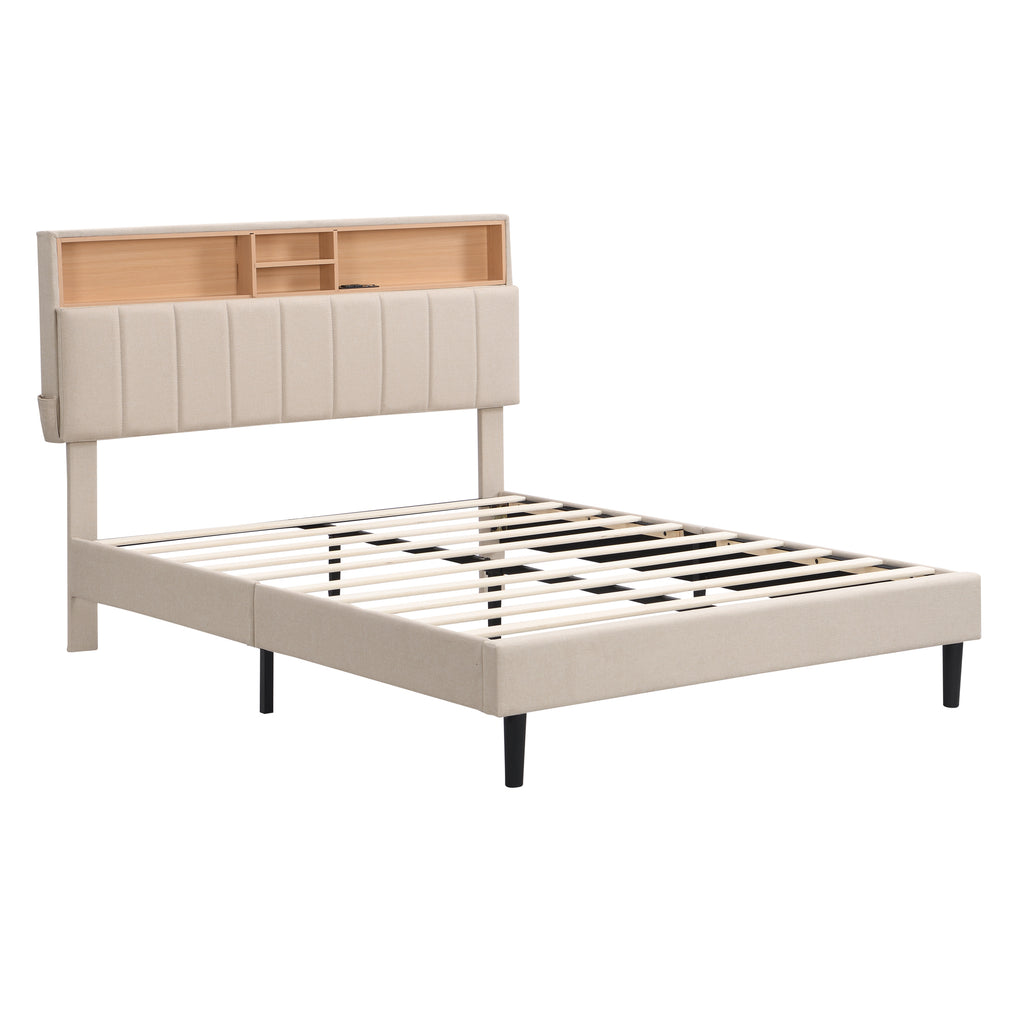 Leoglint Full size Upholstered Platform Bed with Storage Headboard and USB Port,  Linen Fabric Upholstered Bed (Beige)