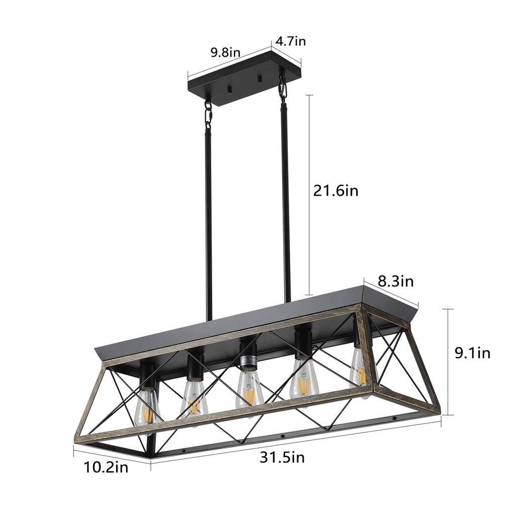 Leoglint Pendant 5-Light Farmhouse Chandeliers for Dining Room, Metal Rustic Pendant Island Light Fixture, Modern Rectangular Island Lights for Kitchen, Living Room Black gold(No Bulbs)