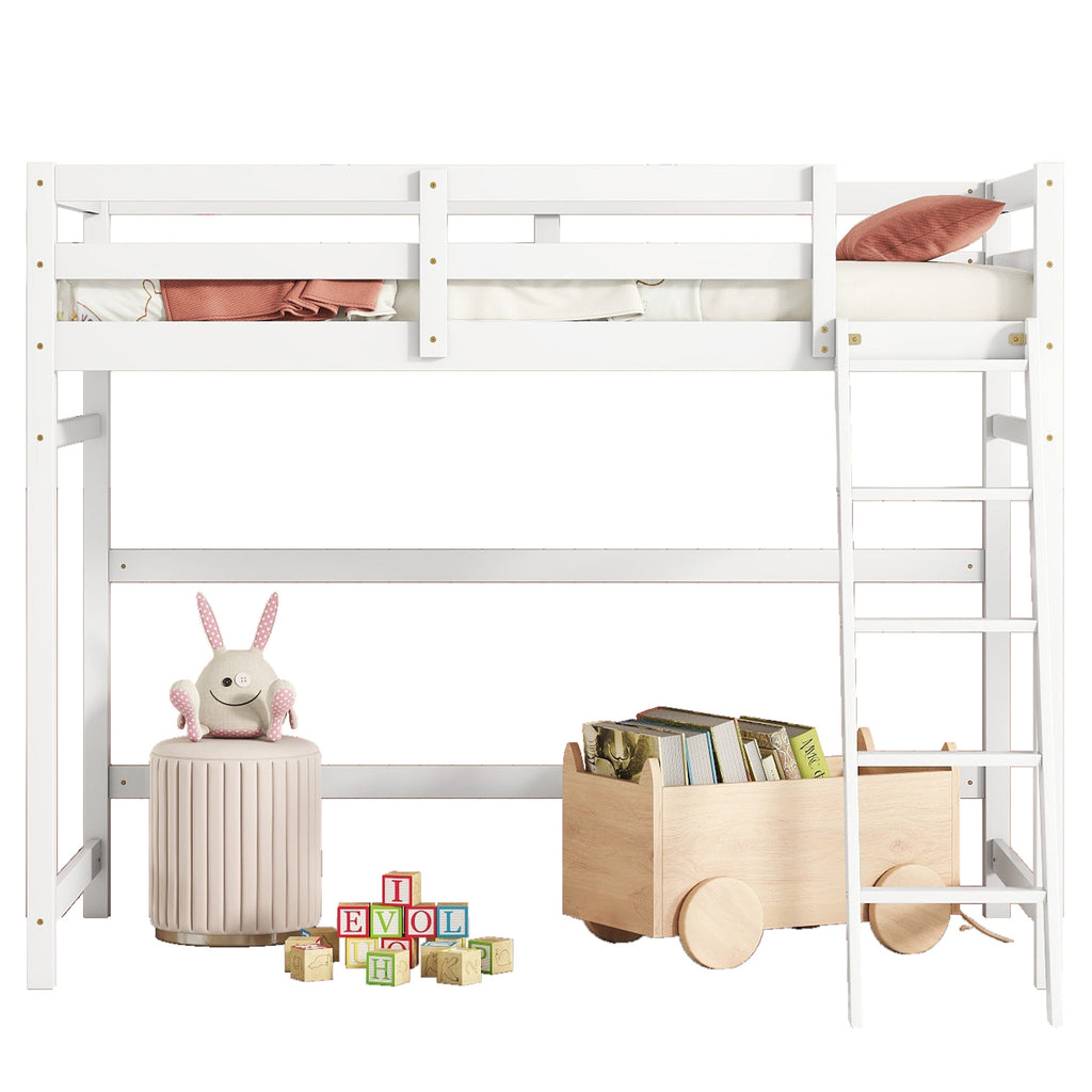 Leoglint Twin Size High Loft Bed Frame with inclined Ladder, Guardrails,White