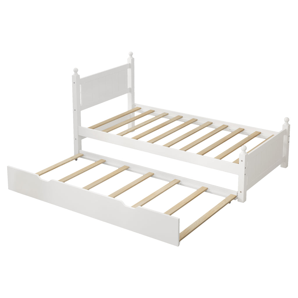 Leoglint Twin Size Solid Wood Platform Bed Frame with trundle for Limited Space Kids, Teens, Adults, No Need Box Spring, White