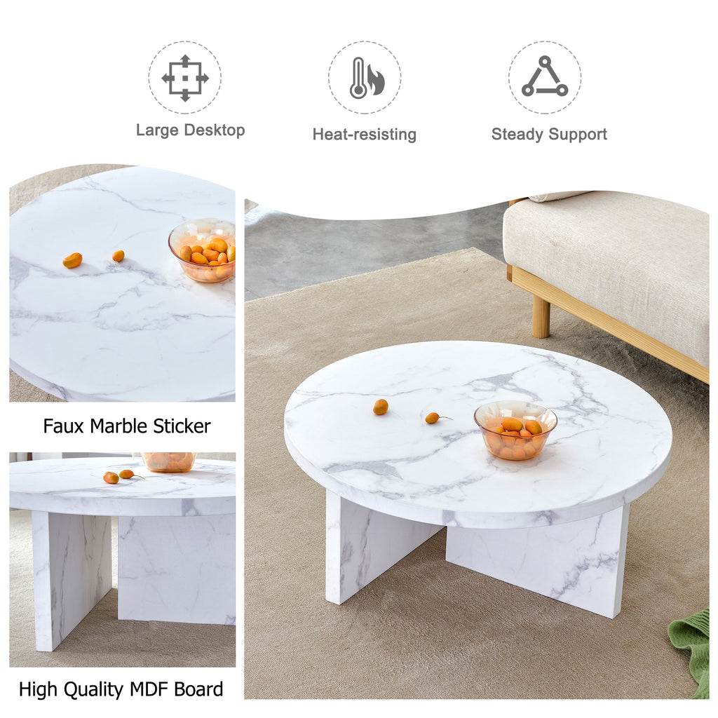 Leoglint A white MDF material circular patterned coffee table, a 31.4-inch white center table, modern coffee table, suitable for small spaces and living rooms.