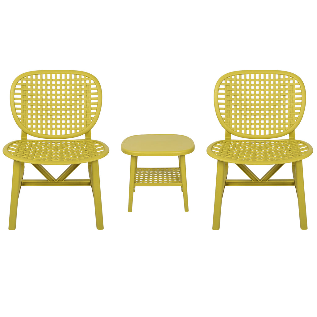 Leoglint 3 Pieces Hollow Design Patio Table Outdoor Chair Set All Weather Conversation Bistro Set Outdoor Coffee Table with Open Shelf and Lounge Chairs with Widened Seat for Balcony Garden Yard Yellow