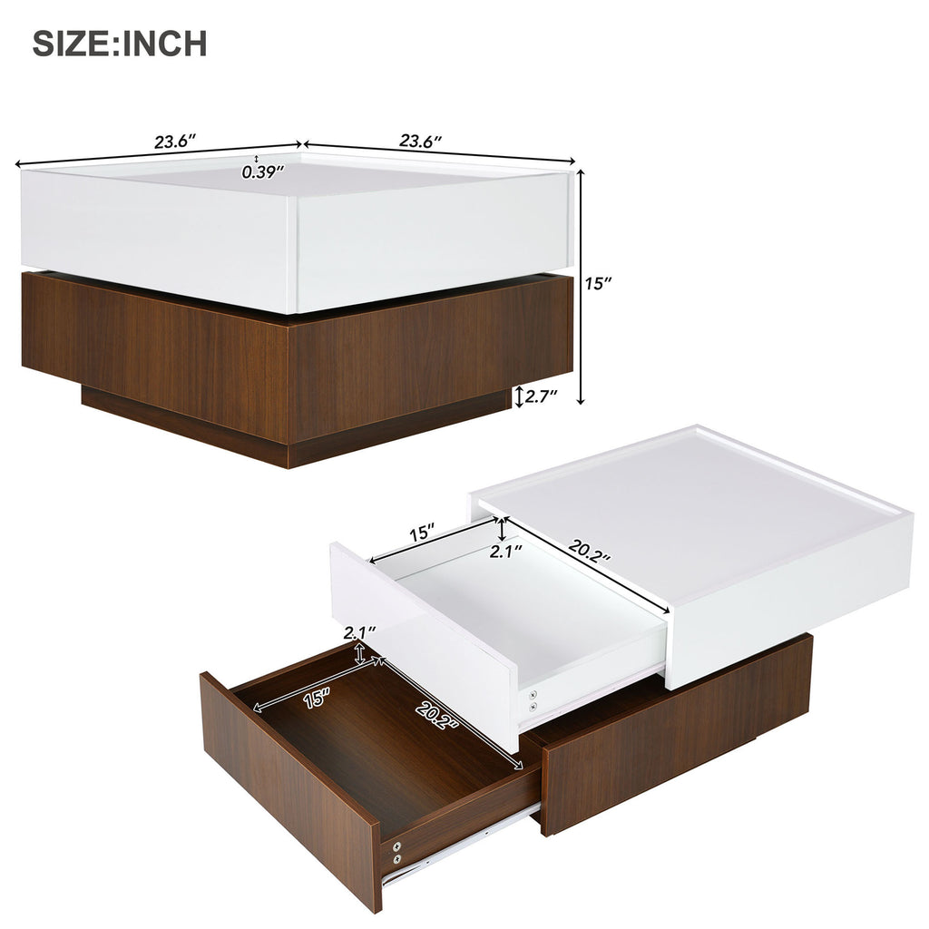 Leoglint [VIDEO provided] ON-TREND Square 360°Rotating Coffee Table with 2 Drawers, High Gloss 2-Tier Center Table with Swivel Tabletop and Storage, Walnut Table Frame Side Table for Living Room, White