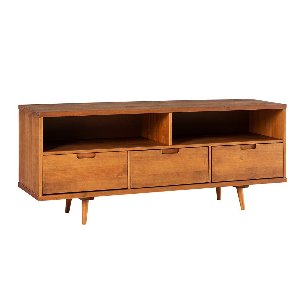 Leoglint Mid-Century Modern Solid Wood 3-Drawer 58" TV Stand for 65" TVs with 2 Open Cubbies - Caramel