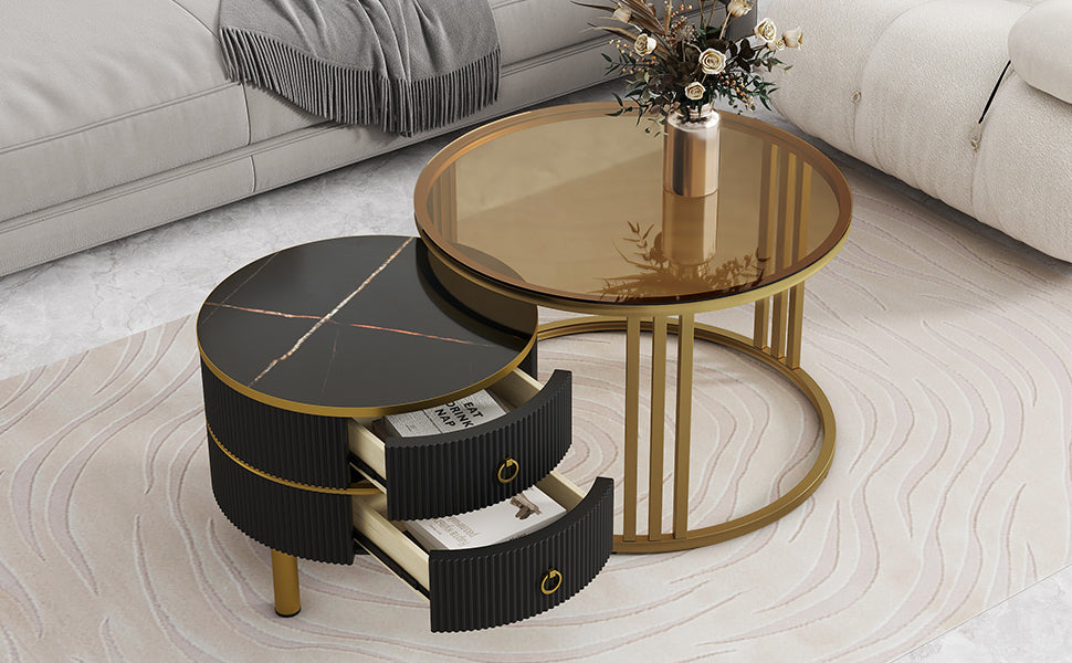 Leoglint ON-TREND Φ27.5'' & Φ19.6'' Stackable Coffee Table with 2 Drawers, Nesting Tables with Brown Tempered Glass and High Gloss Marble Tabletop, Set of 2, Round Center Table for Living Room, Black