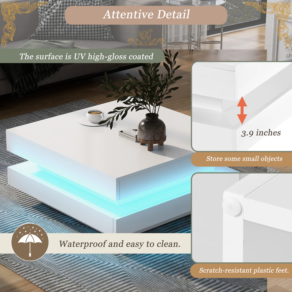 Leoglint ON-TREND High Gloss Minimalist Design with LED Lights, 2-Tier Square Coffee Table, Center Table for Living Room, 31.5''x31.5''x14.2'', White