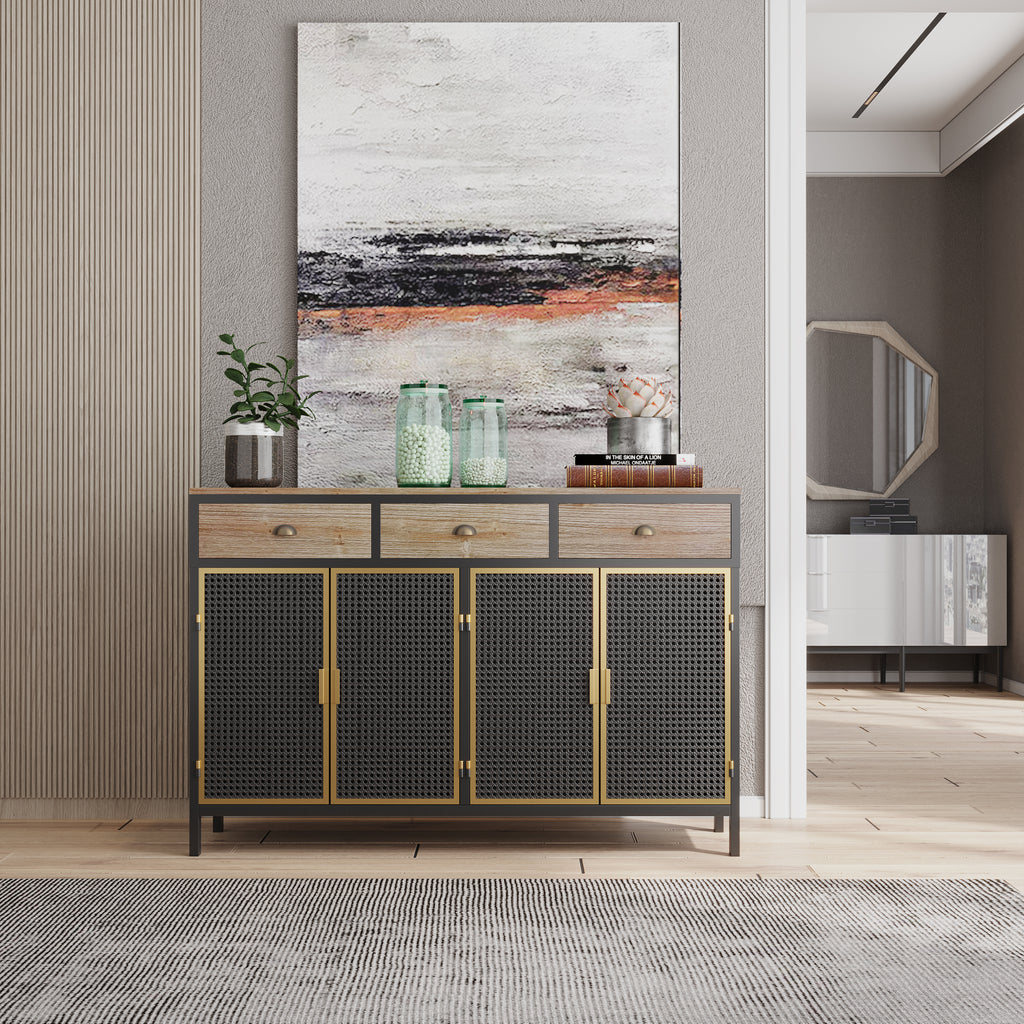 Leoglint 48" Wide  4 Doors Modern Sideboard with 3 Top Drawers, Freestanding Sideboard Storage Cabinet Entryway Floor Cabinet for Living Room Office Bedroom