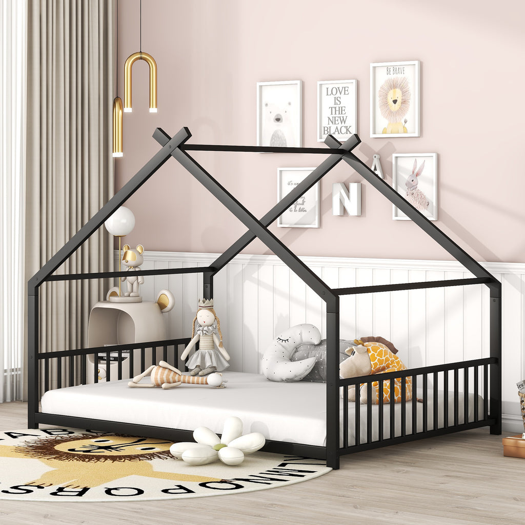 Leoglint Full Size Metal House Bed Frame, Black