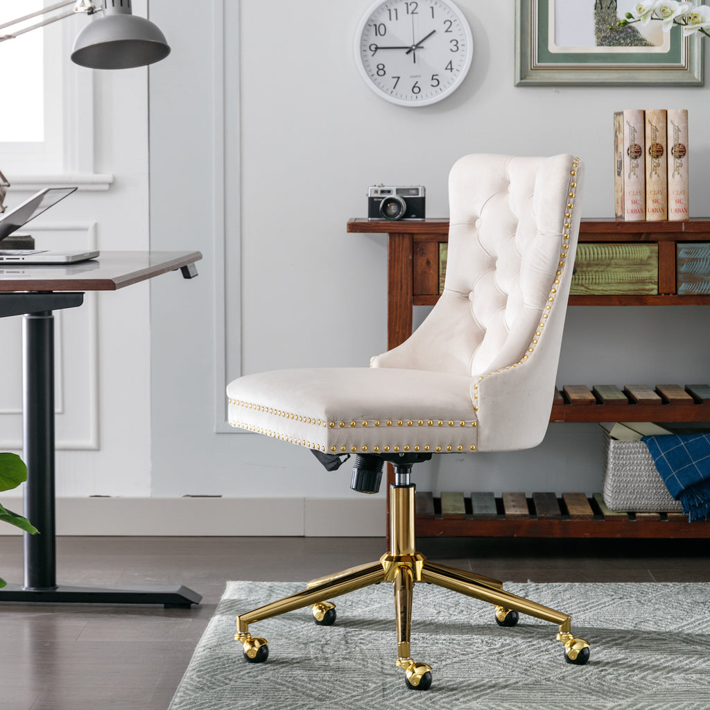 Leoglint A&A Furniture Office Chair,Velvet Upholstered Tufted Button Home Office Chair with Golden Metal Base,Adjustable Desk Chair Swivel Office Chair (Beige)