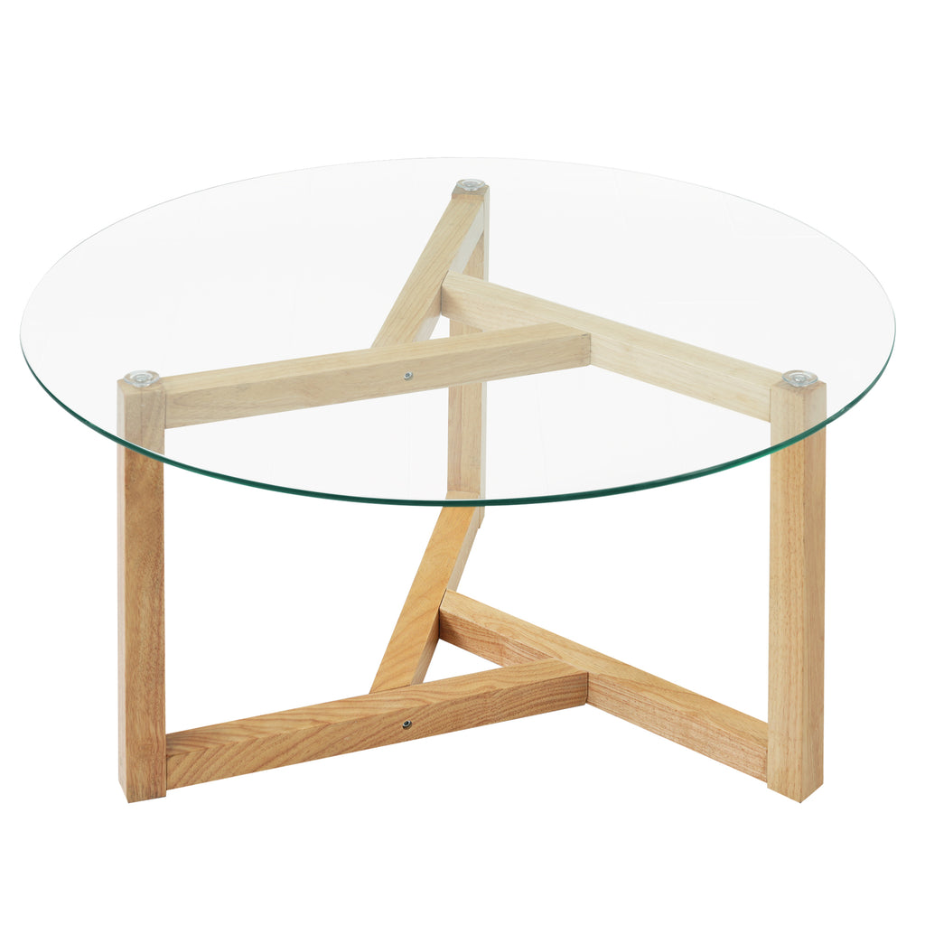 Leoglint [New Picture] ON-TREND Round Glass Coffee Table Modern Cocktail Table Easy Assembly with Tempered Glass Top & Sturdy Wood Base, Natural (OLD SKU: WF190112AAL)