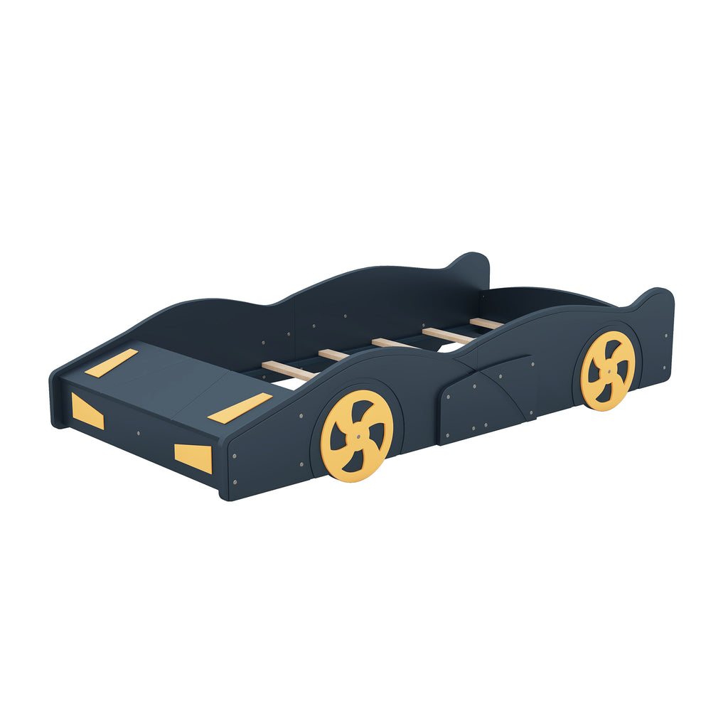 Leoglint Twin Size Race Car-Shaped Platform Bed Frame with Wheels and Storage, Dark Blue+Yellow