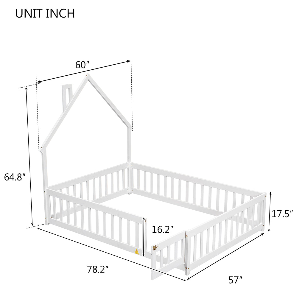 Leoglint Bed Frame Full House-Shaped Headboard Floor Bed with Fence ,White