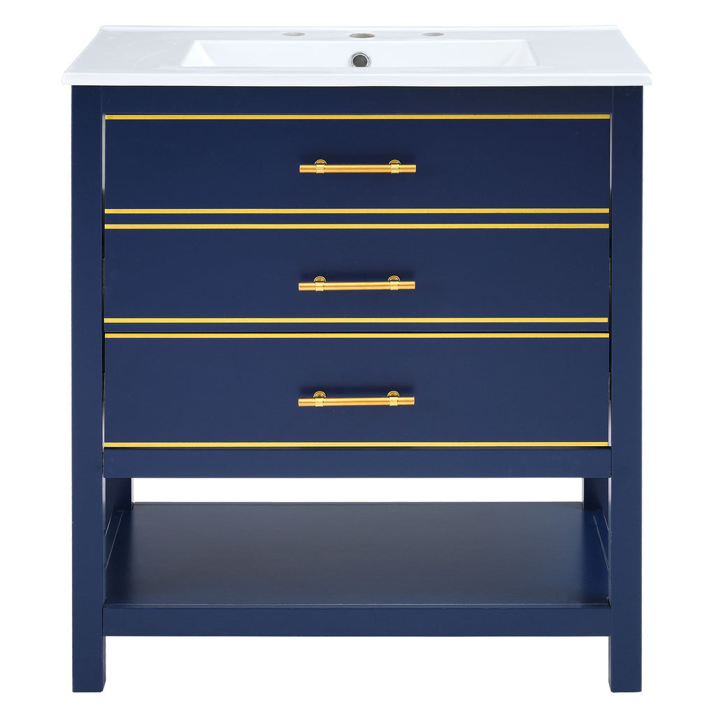 Leoglint [Viedo]Modern 30inch Navy Blue/White Bathroom Vanity Cabinet Combo with OpenStorge, Two Drawers