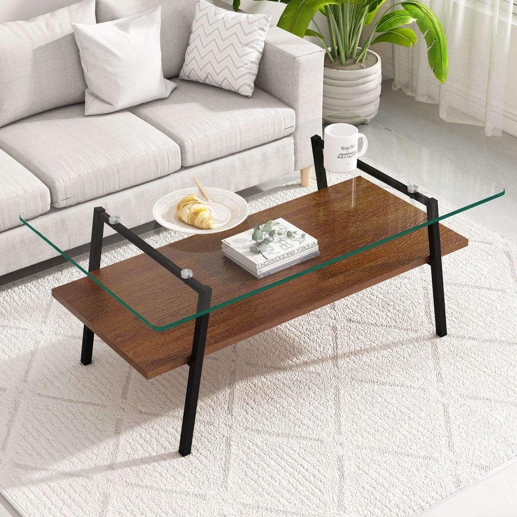 Leoglint Rectangle Coffee Table, Tempered Glass Tabletop with Black Metal Legs, Modern Table for Living Room , Transparent Glass