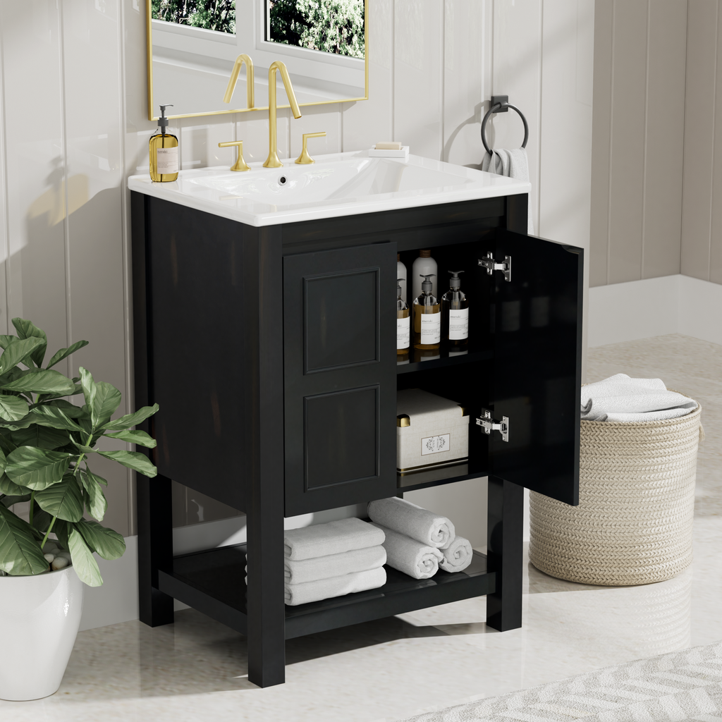 Leoglint 24x18.3x34.7 Inches Compact Vintage Style Bathroom Vanity Cabinet and Ceramic Sink Combo with Open Shelf-2 Soft-close Doors