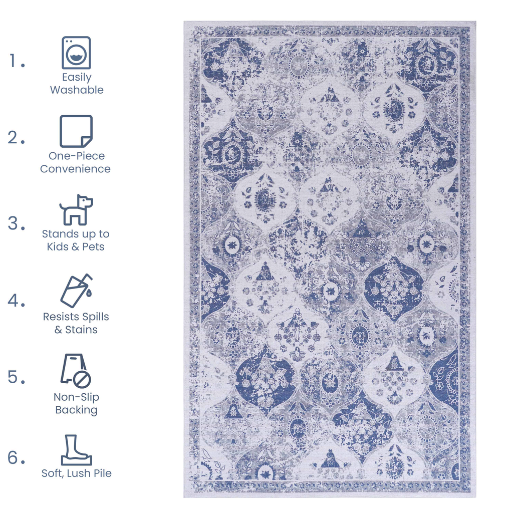 Leoglint Blue Area Rug 5x8, Washable Rug, Low-Pile, Non-Slip, Non-Shedding, Foldable, Kid & Pet Friendly - Area Rugs for living room, bedroom, kitchen, dining room rug - Perfect Gifts, (Blue, 5' x 8')