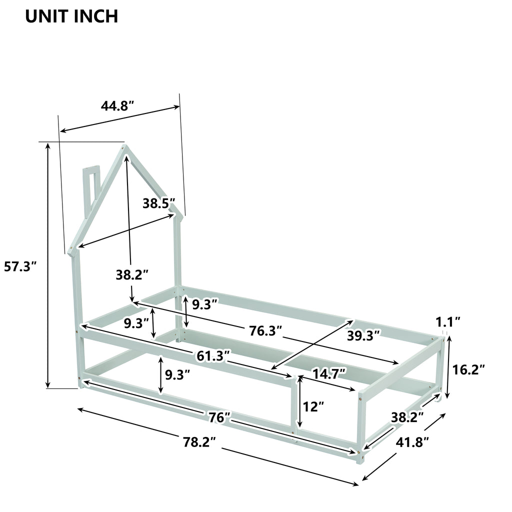 Leoglint Twin Size Wood bed frame with House-shaped Headboard Floor bed with Fences,Light Green