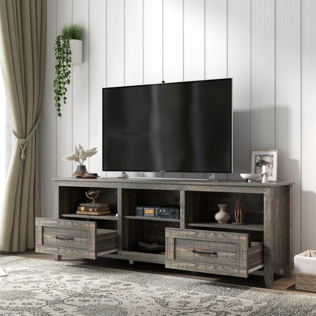 Leoglint 70 Inch Length TV Stand for Living Room and Bedroom, with 2 Drawers and 4 High-Capacity Storage Compartment,  Black Pine