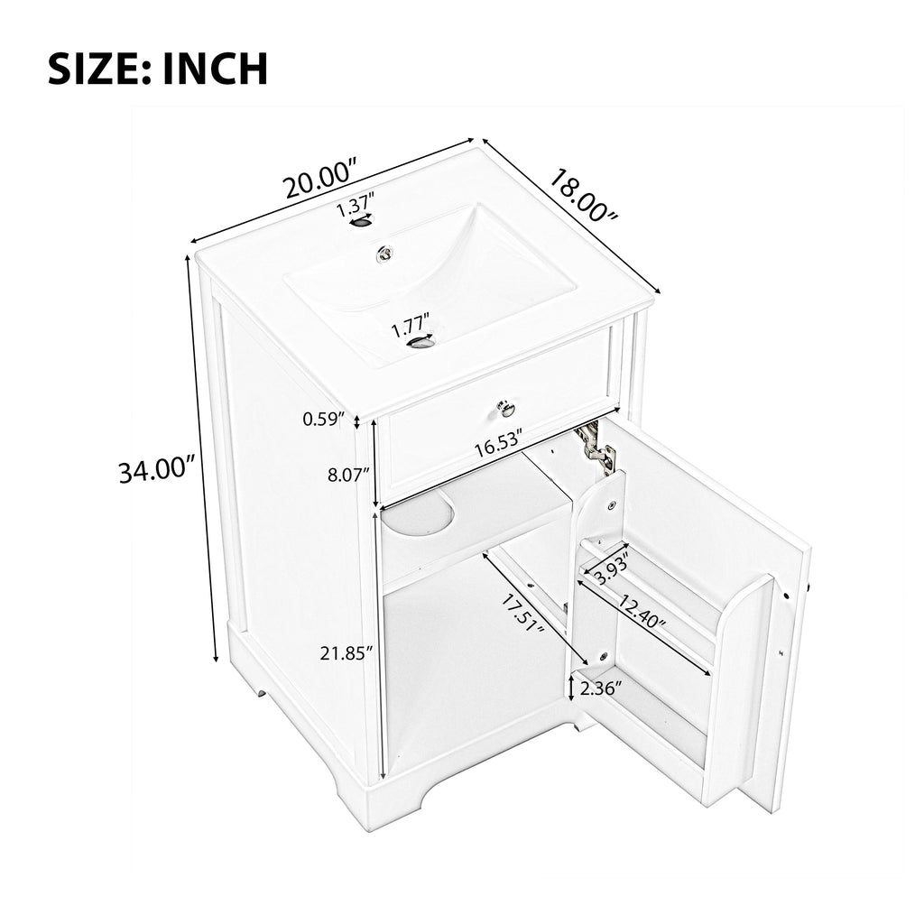 Leoglint 20" Bathroom Vanity with Sink, Bathroom Cabinet with Soft Closing Door, Storage Rack and Adjustable Shelve, White