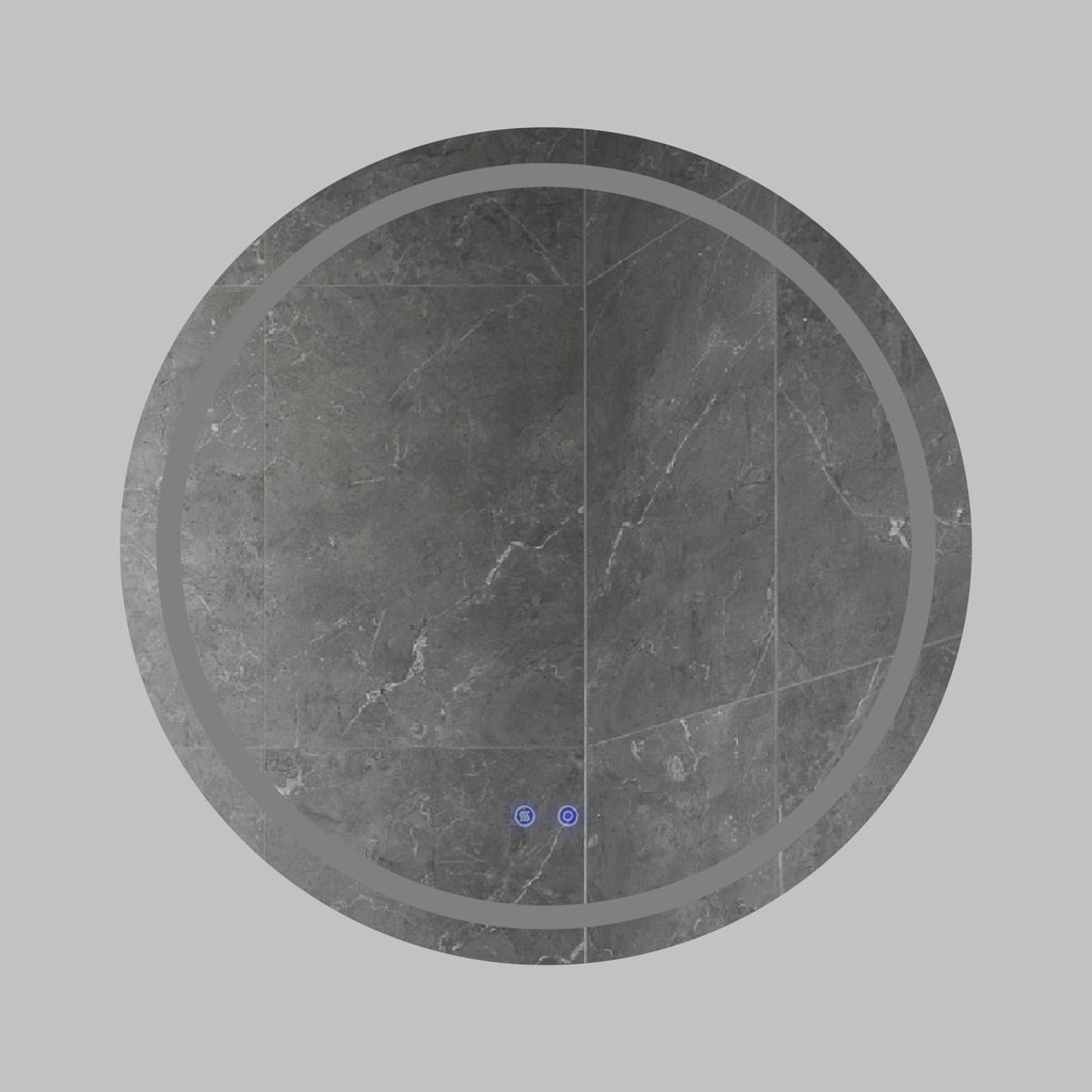 Leoglint 32 x 32 Inch Round Frameless LED Illuminated Bathroom Mirror, Touch Button Defogger, Metal, Frosted Edges, Silver