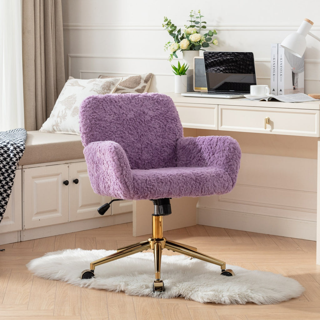 Leoglint A&A Furniture Office Chair,Artificial rabbit hair Home Office Chair with Golden Metal Base,Adjustable Desk Chair Swivel Office Chair,Vanity Chair(Violet)