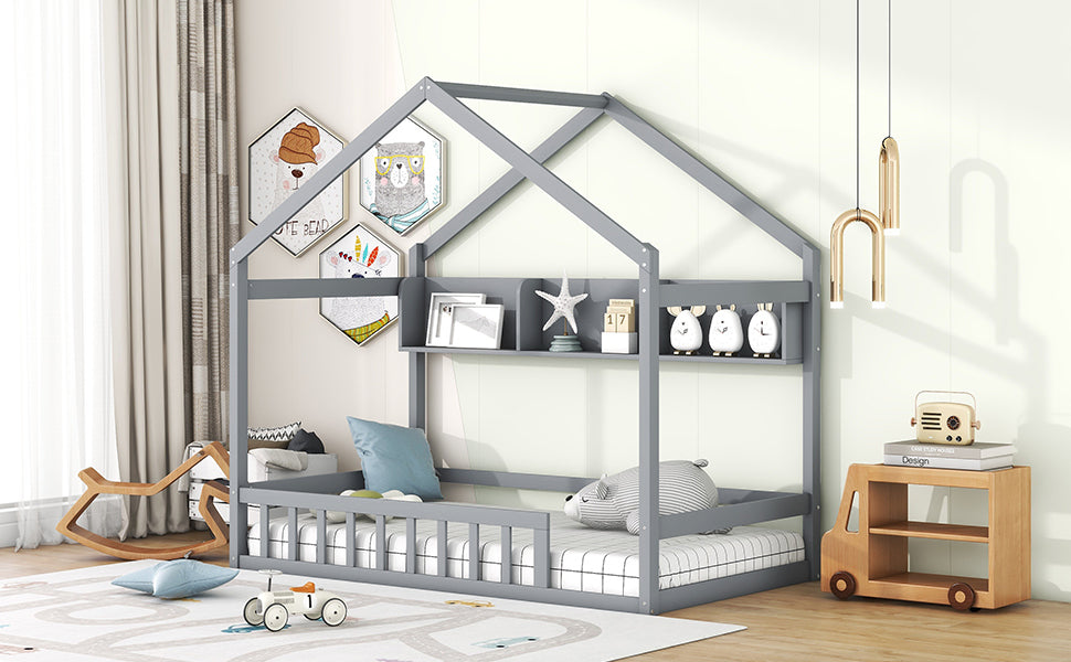 Leoglint Wooden Twin Size House Bed Frame with Storage Shelf,Kids Bed with Fence and Roof, Gray