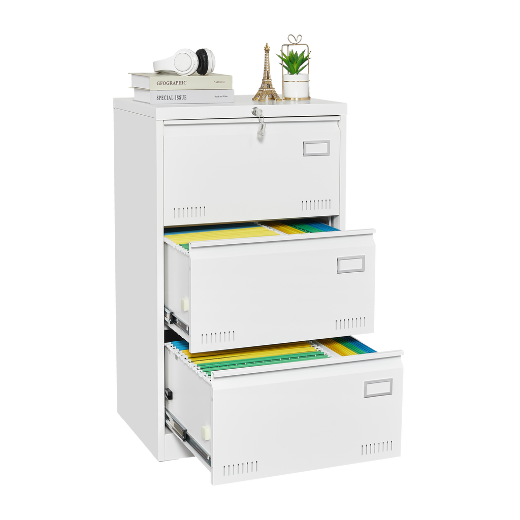 Leoglint Filing Cabinet Lateral File Cabinet 3 Drawer, White Filing Cabinets with Lock, Locking Metal File Cabinets Three Drawer Office Cabinet for Legal/Letter/A4/F4 Home Offic