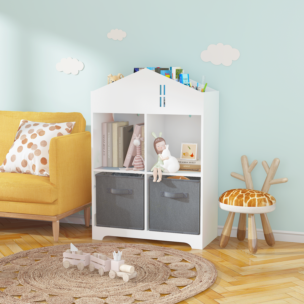 Leoglint Kids Dollhouse Bookcase with Storage, 2-Tier Storage Display Organizer, Toddler Bookshelf with 2 Collapsible Fabric Drawers for Bedroom or Playroom (White/Gray)