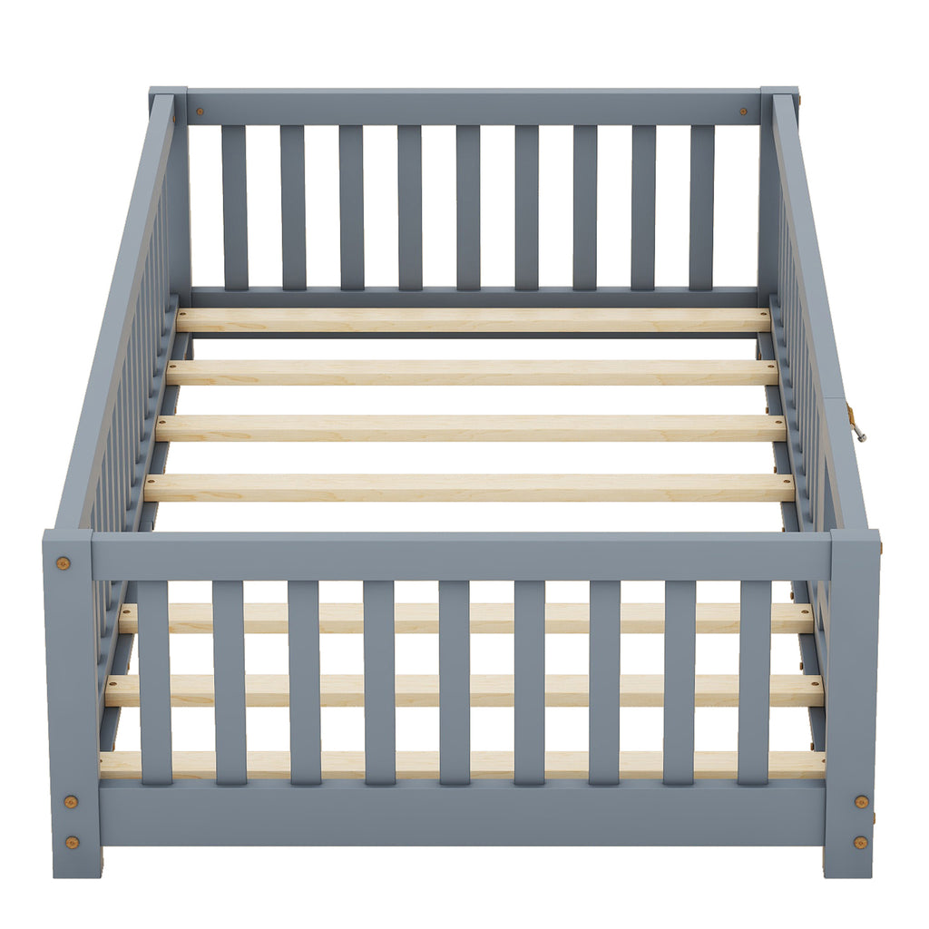 Leoglint Twin Size Bed Floor Bed Frame with Safety Guardrails and Door for Kids, Gray(Old SKU: W158090685)