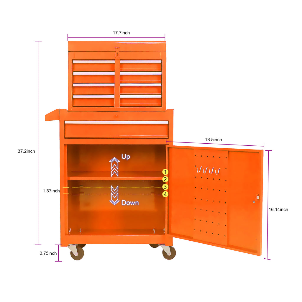 Leoglint Detachable 5 Drawer Tool Chest with Bottom Cabinet and One Adjustable Shelf--Orange