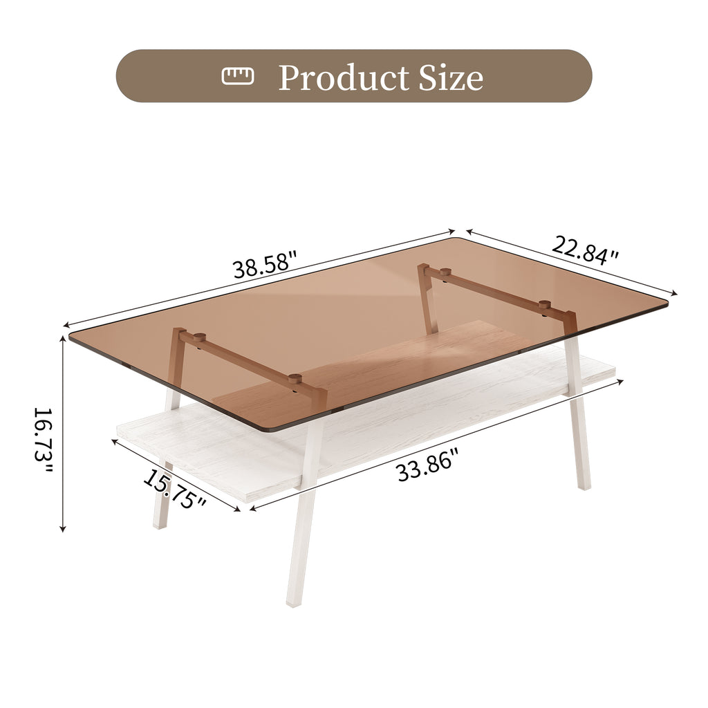 Leoglint Rectangle Coffee Table, Tempered Glass Tabletop with White Metal Legs, Modern Table for Living Room , Brown Glass