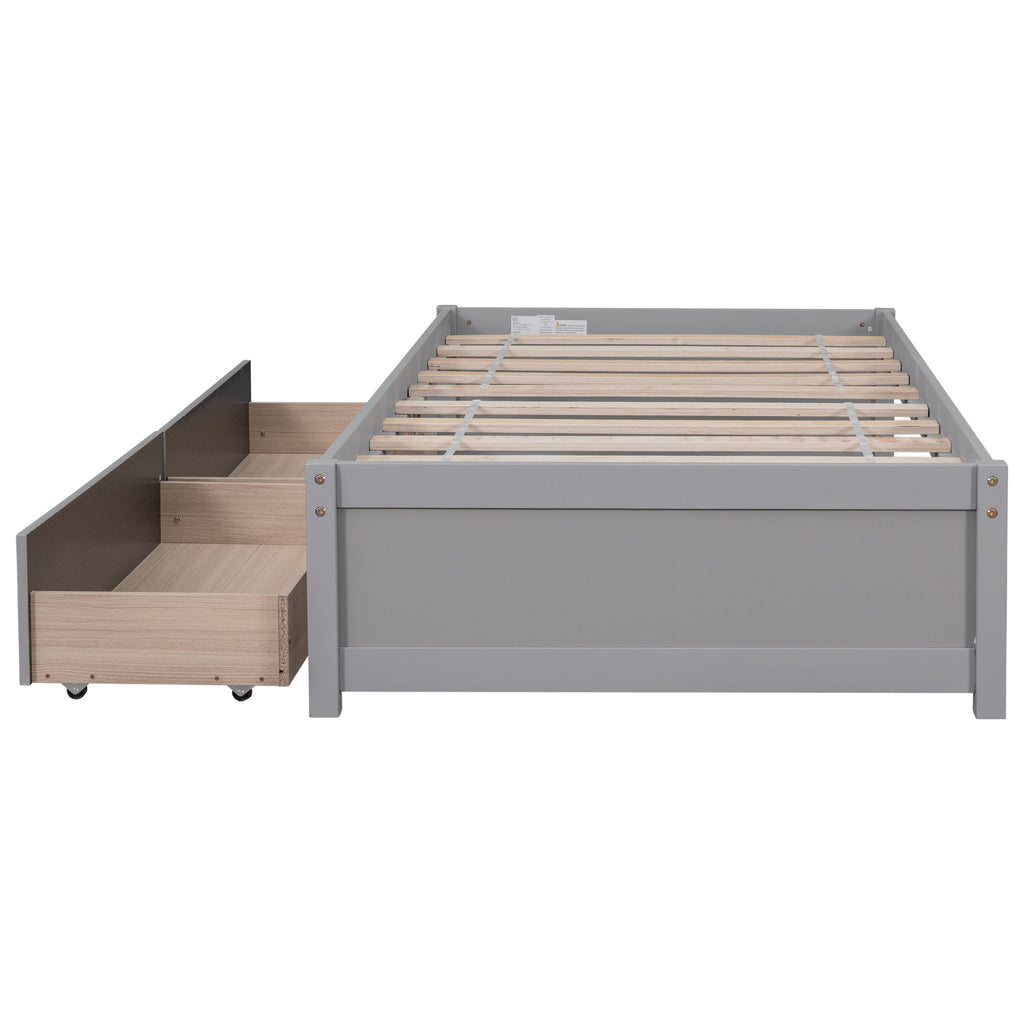 Twin Bed Frame with 2 Drawers, Solid Wood, No Box Spring Needed ,Grey(New SKU:W504P149041)