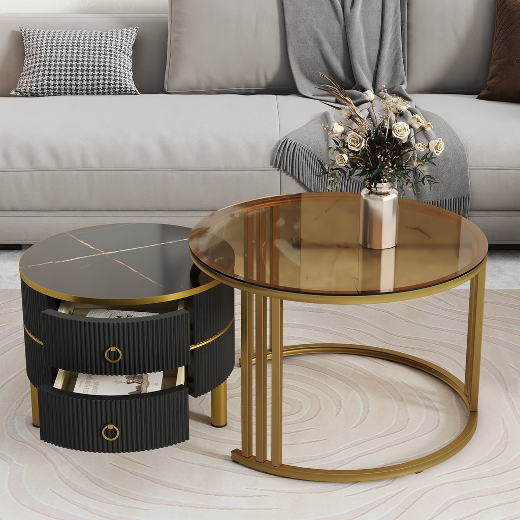 Leoglint ON-TREND Φ27.5'' & Φ19.6'' Stackable Coffee Table with 2 Drawers, Nesting Tables with Brown Tempered Glass and High Gloss Marble Tabletop, Set of 2, Round Center Table for Living Room, Black