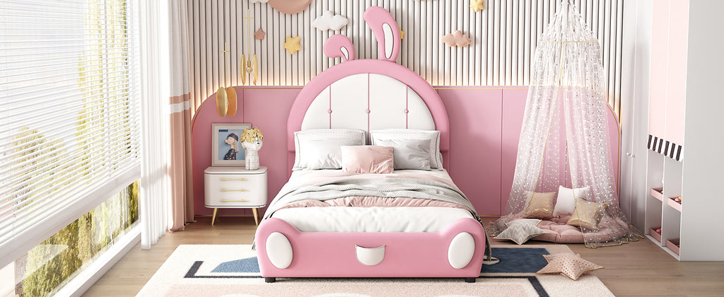 Leoglint Twin Size Upholstered Platform Bed Frame with Rabbit Shaped Headboard, Pink