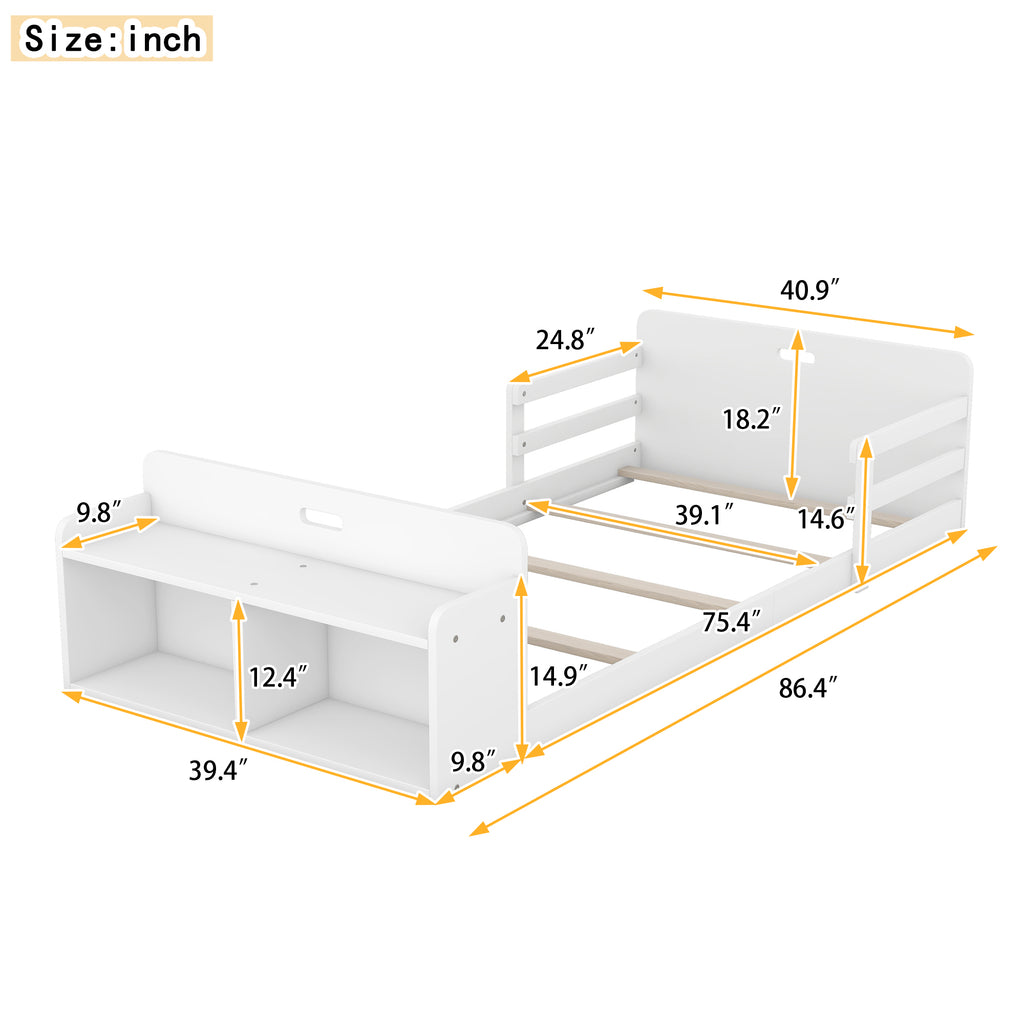 Leoglint Twin Size Floor Bed Frame with Storage Footboard and Guardrail, White