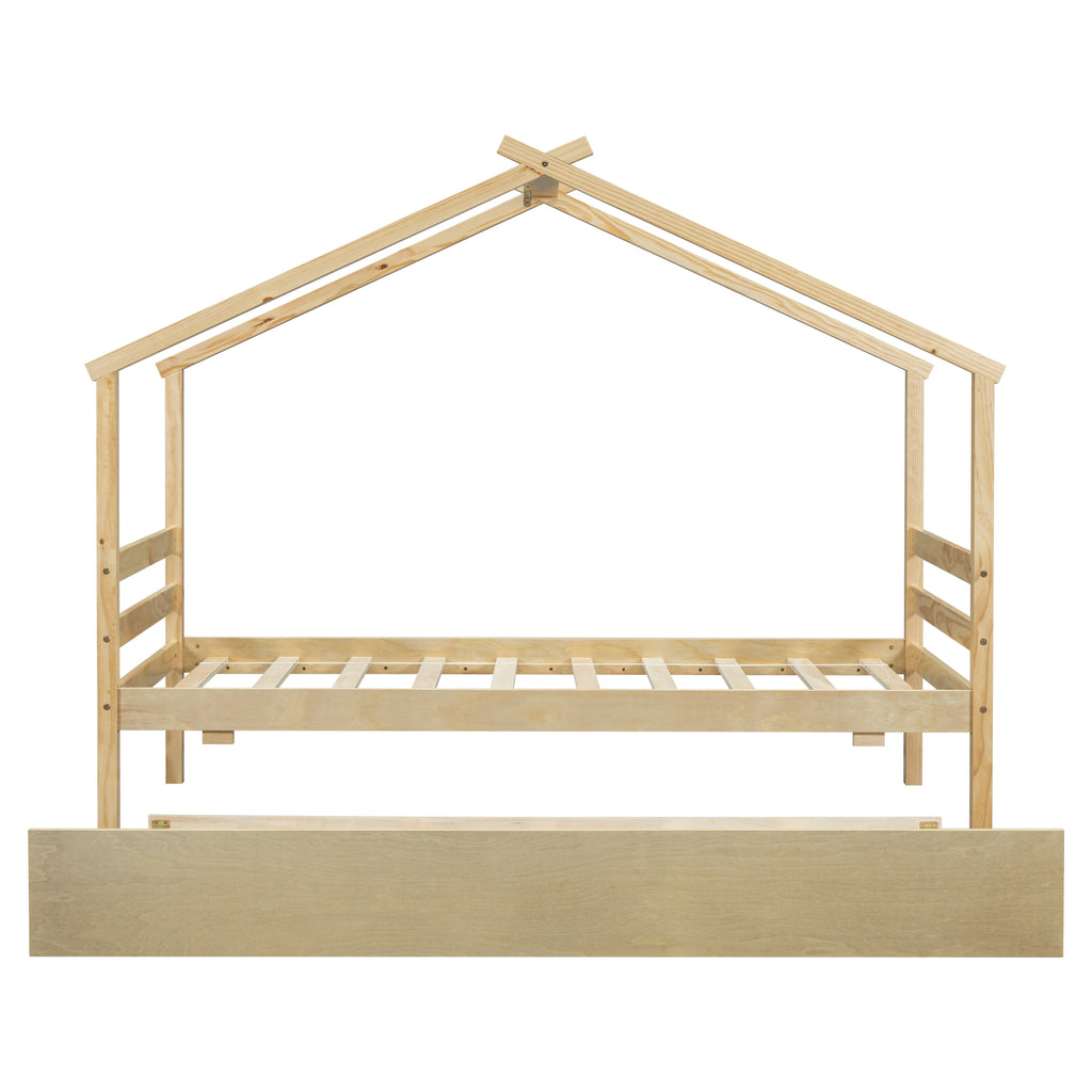 Leoglint Twin Size  House-shaped Bed Frame with Trundle,Natural