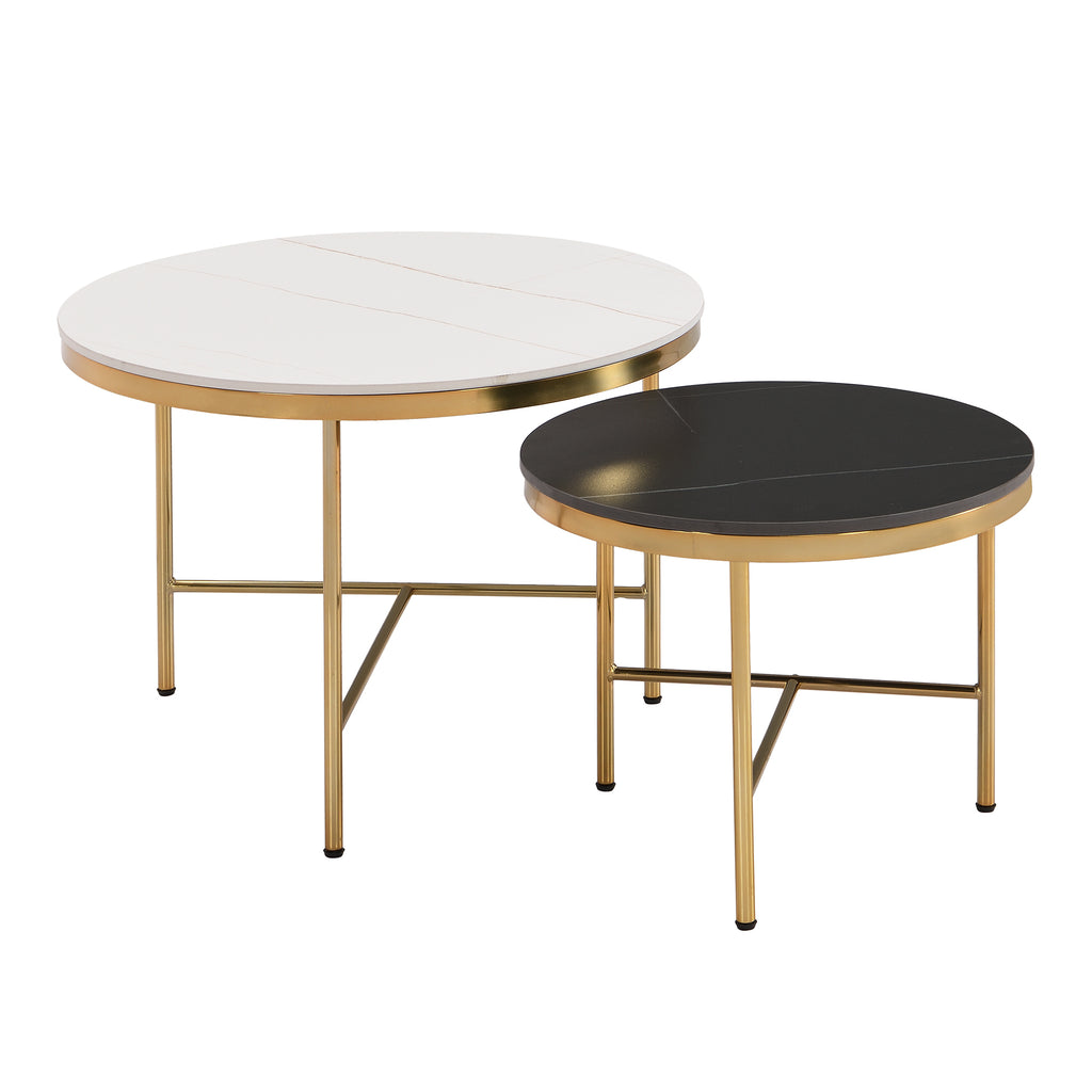 Leoglint Modern Round Nesting Coffee Table Set 2-Piece Black & White Sintered Stone Top Gold Base in 23.6''&17.7''