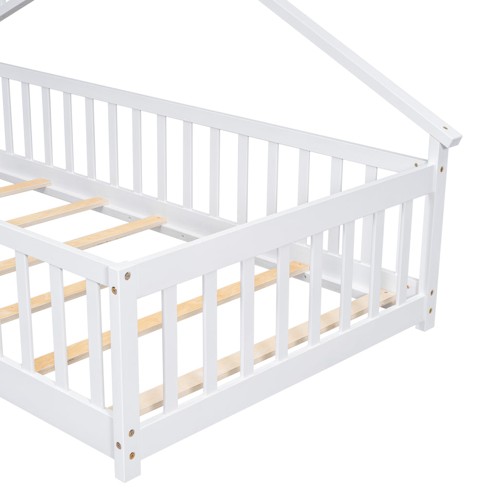 Twin House-Shaped Bedside Floor Bed Frame with Guardrails, Slats, with Door,White