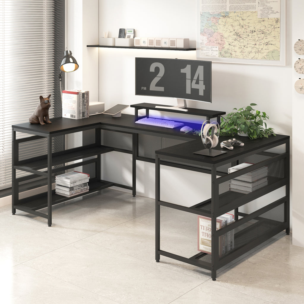 Leoglint U-shaped Office Desk with Shelve and LED lights