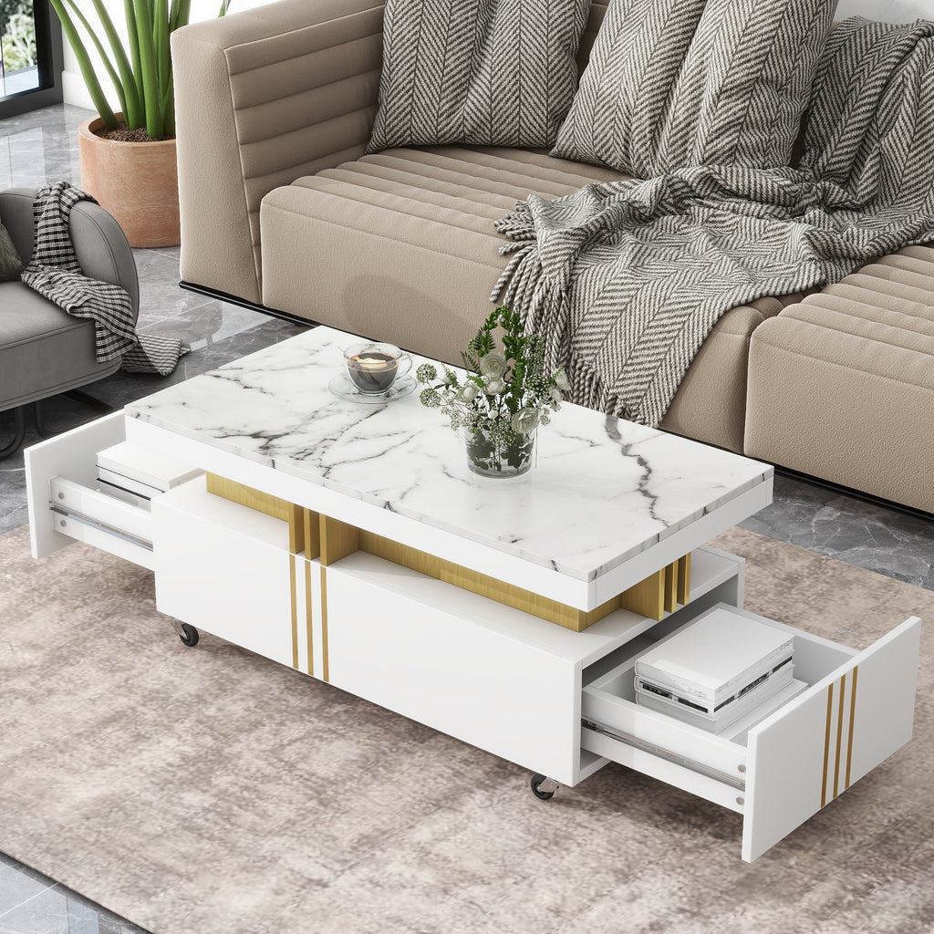 Leoglint [VIDEO provided] ON-TREND Contemporary Coffee Table with Faux Marble Top, Rectangle Cocktail Table with Caster Wheels, Moderate Luxury Center Table with Gold Metal Bars for Living Room, White